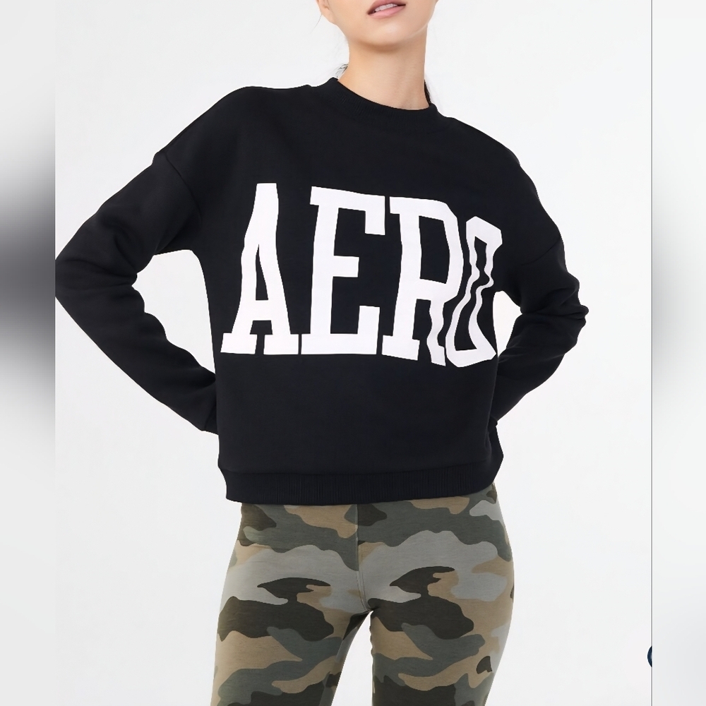Aeropostale Black Crewneck Sweater with White Logo Size Medium